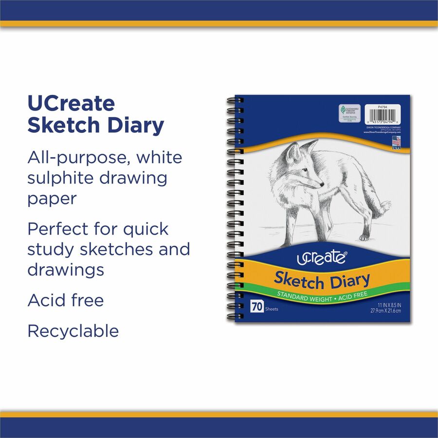 UCreate Art1st Sketch Diary - 70 Sheets - Plain - Spiral - 9" x 6" Sheet Size - White Paper - Acid-free - Recycled - 80 