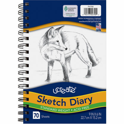 UCreate Art1st Sketch Diary - 70 Sheets - Plain - Spiral - 9" x 6" Sheet Size - White Paper - Acid-free - Recycled - 80 