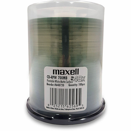 Maxell PW700 CD Recordable Media - CD-R - 48x - 700 MB - 100 / Pack - Matte White - 120mm - Single-layer - Printable