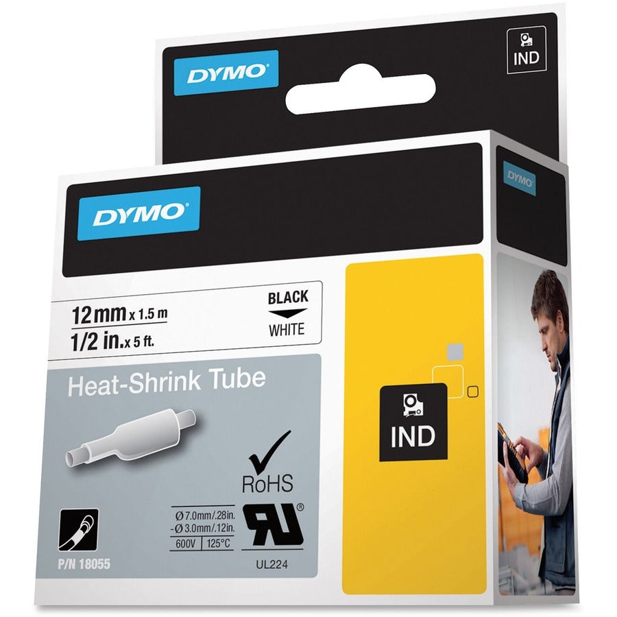 Dymo White Heat Shrink Tube - 15/32" Width x 59 1/16" Length - Removable Adhesive - Rectangle - Thermal Transfer - Black