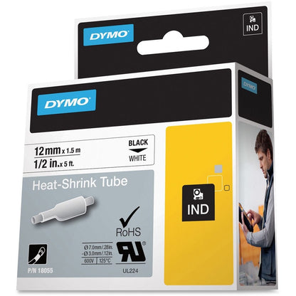 Dymo White Heat Shrink Tube - 15/32" Width x 59 1/16" Length - Removable Adhesive - Rectangle - Thermal Transfer - Black