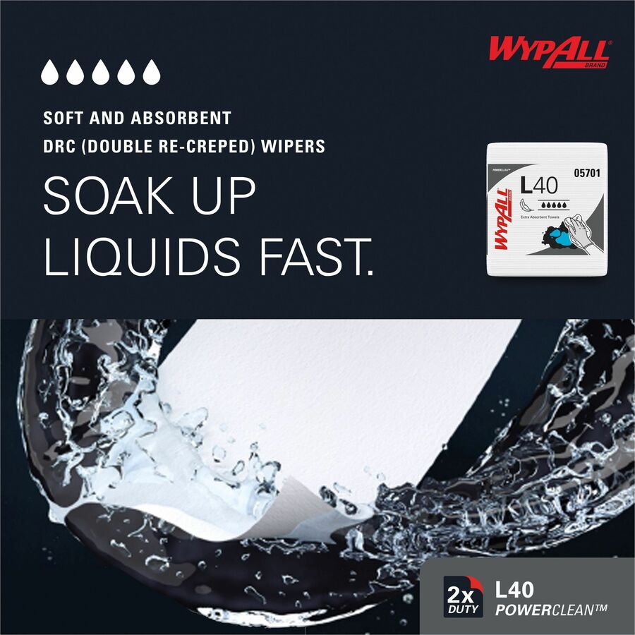 Wypall PowerClean L40 Extra Absorbent Towels - For General Purpose - 12" Length x 12.50" Width - Soft, Absorbent, Absorb