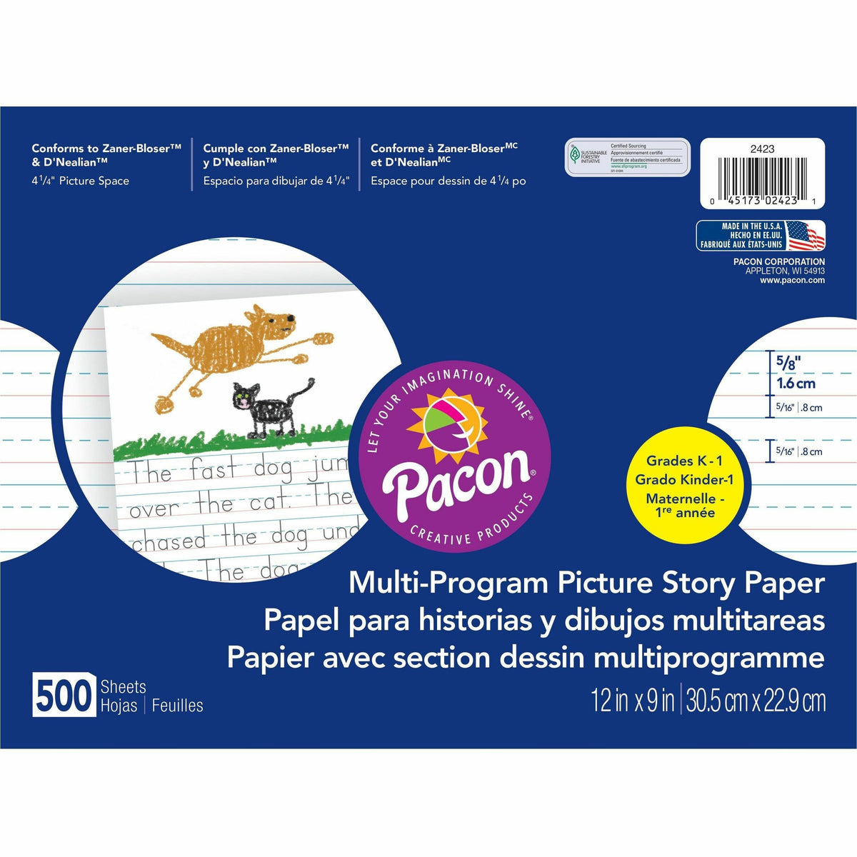 Pacon Multi-program Ruled Picture Story Paper - 500 Sheets - 0.63" Ruled - 4.25" Picture Story Space - 16 lb Basis Weigh