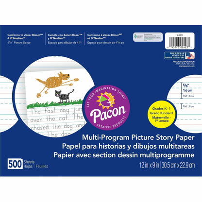 Pacon Multi-program Ruled Picture Story Paper - 500 Sheets - 0.63" Ruled - 4.25" Picture Story Space - 16 lb Basis Weigh