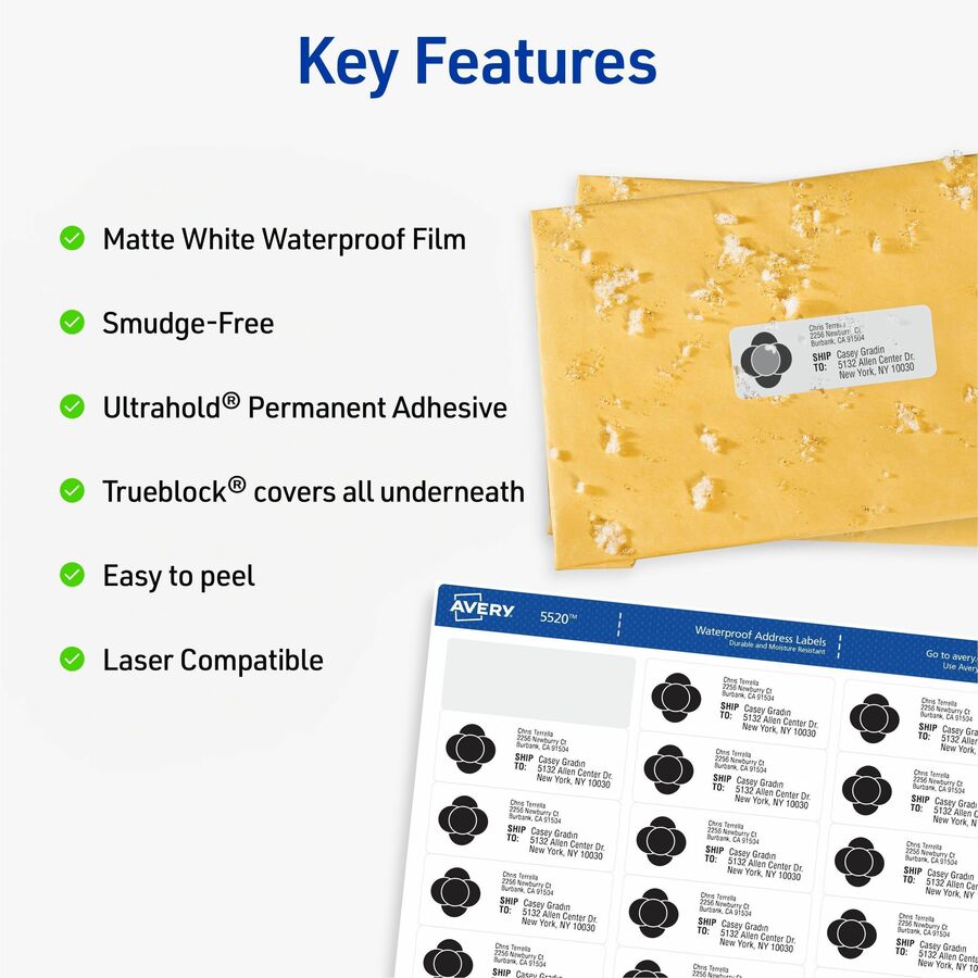 Avery® 1" x 2-5/8" Labels, Ultrahold, 1,500 Labels (5520) - Waterproof - x 1" Width x 2 5/8" Length - Permanent Adhesive