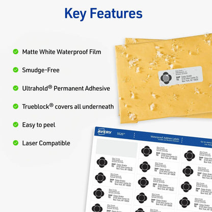 Avery® 1" x 2-5/8" Labels, Ultrahold, 1,500 Labels (5520) - Waterproof - x 1" Width x 2 5/8" Length - Permanent Adhesive