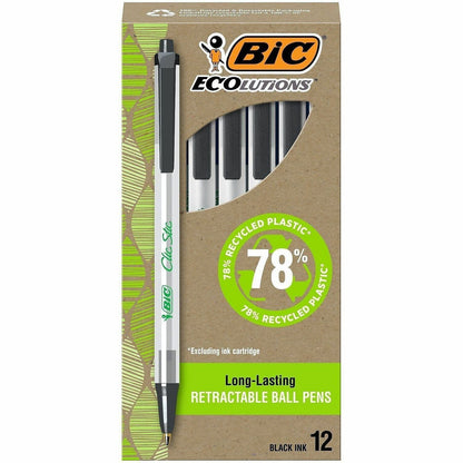 BIC Clic Stic Retractable Ball Pens - Medium Pen Point - Retractable - Black Ink - Clear Barrel - 12 / Dozen