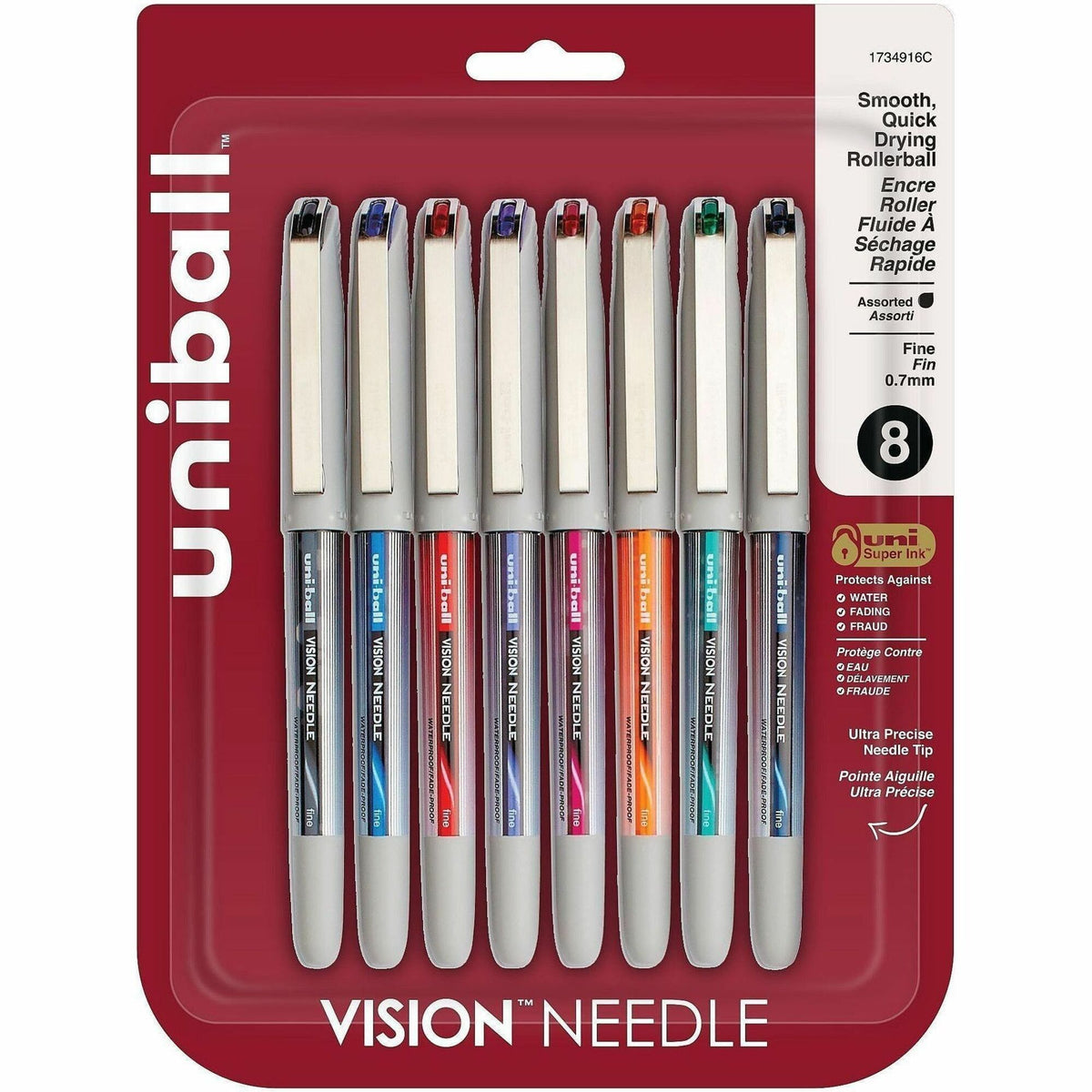Uni-Ball Vision Needle Stick Rollerball Pen - 0.7 mm Fine Needle Pen Point - Blue, Black, Green, Orange, Pink, Purple, R