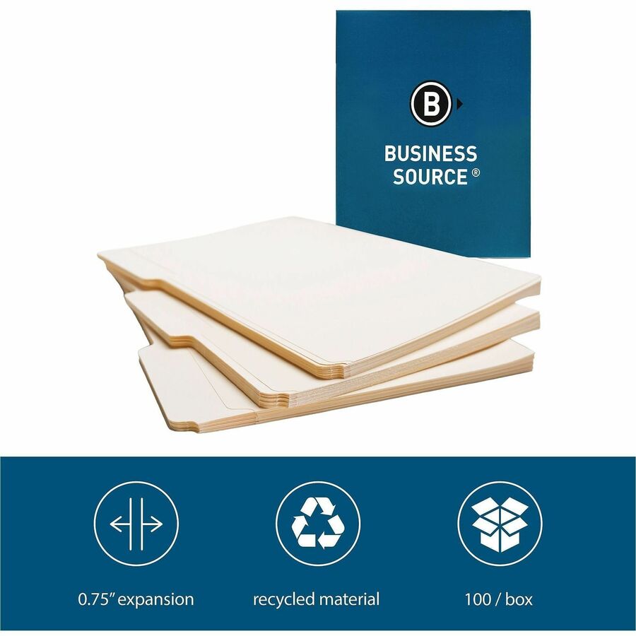 Business Source 1/3 Tab Cut Letter Recycled Top Tab File Folder - 8 1/2" x 11" - 3/4" Expansion - Top Tab Location - Ass