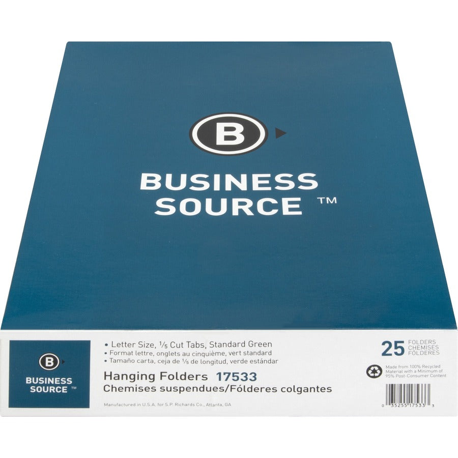 Business Source 1/5 Tab Cut Letter Recycled Hanging Folder - 8 1/2" x 11" - 11 pt. - Green - Acid-free - 100% Recycled -
