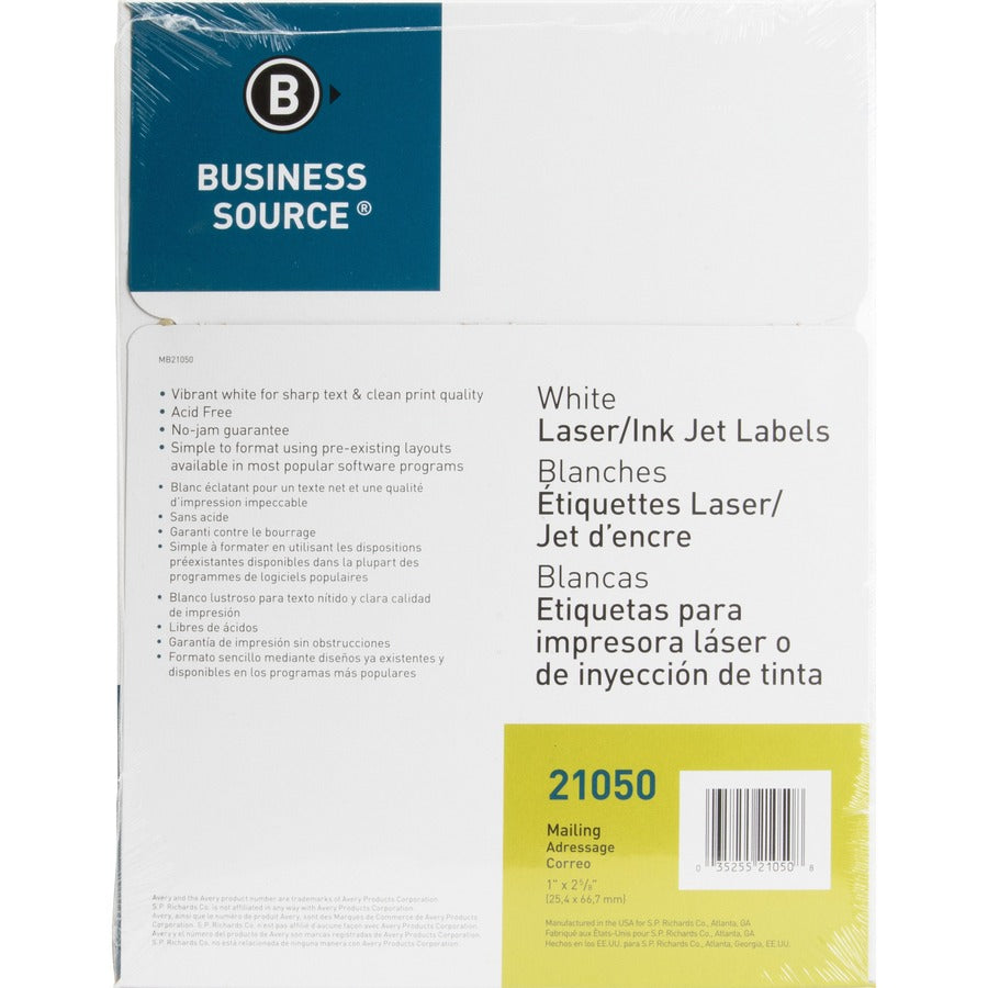 Business Source Bright White Premium-quality Address Labels - 1" Width x 2 5/8" Length - Permanent Adhesive - Rectangle 