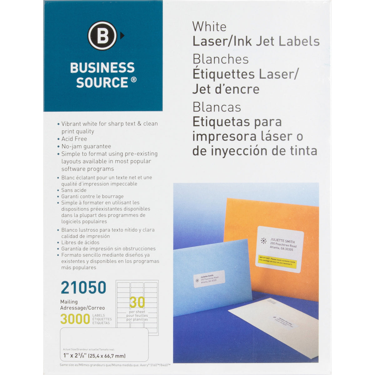 Business Source Bright White Premium-quality Address Labels - 1" Width x 2 5/8" Length - Permanent Adhesive - Rectangle 