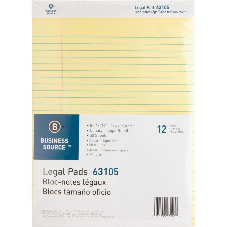 Business Source Micro-Perforated Legal Ruled Pads - 50 Sheets - 0.34" Ruled - 16 lb Basis Weight - 8 1/2" x 11 3/4" Shee