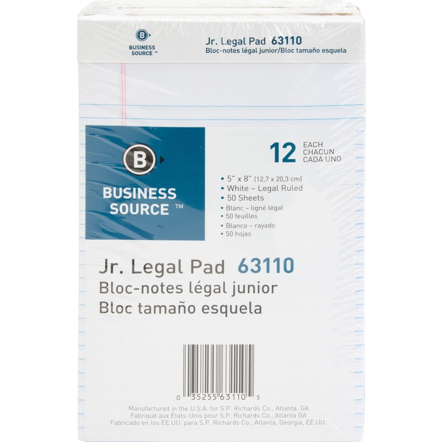 Business Source Writing Pads - 50 Sheets - 0.28" Ruled - 16 lb Basis Weight - Jr.Legal - 8" x 5" Sheet Size - White Pape