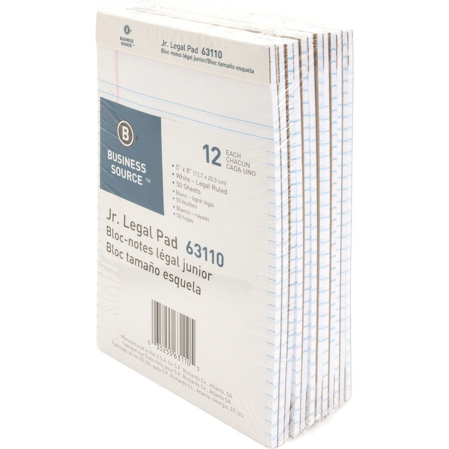 Business Source Writing Pads - 50 Sheets - 0.28" Ruled - 16 lb Basis Weight - Jr.Legal - 8" x 5" Sheet Size - White Pape