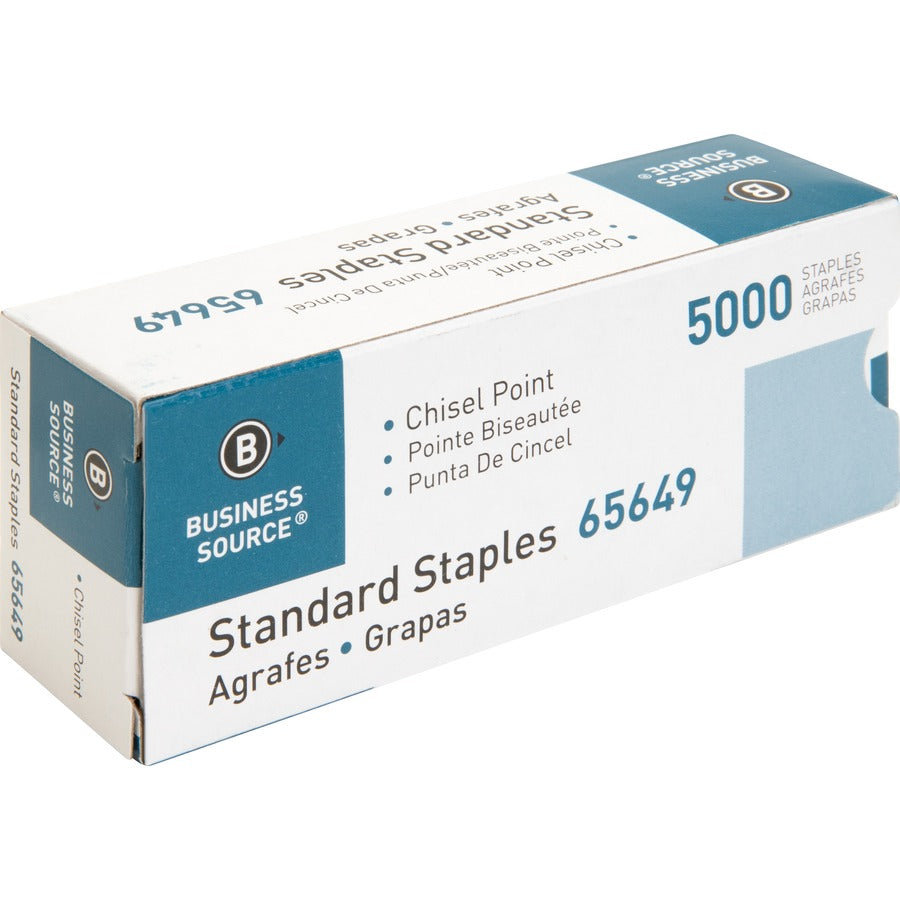 Business Source Standard Staples - 1/4" Leg - 1/2" Crown - Holds 30 Sheet(s) - Chisel Point - Silver - 210 Per Strip - 5