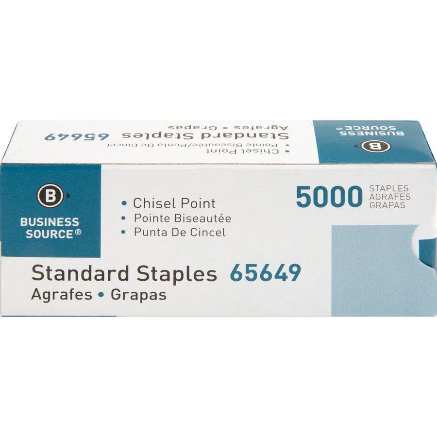 Business Source Standard Staples - 1/4" Leg - 1/2" Crown - Holds 30 Sheet(s) - Chisel Point - Silver - 210 Per Strip - 5