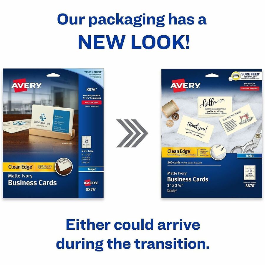 Avery® Clean Edge Business Cards, 2" x 3.5" , Ivory, 200 (08876) - 90 Brightness - 2" x 3 1/2" - 93 lb Basis Weight - 25