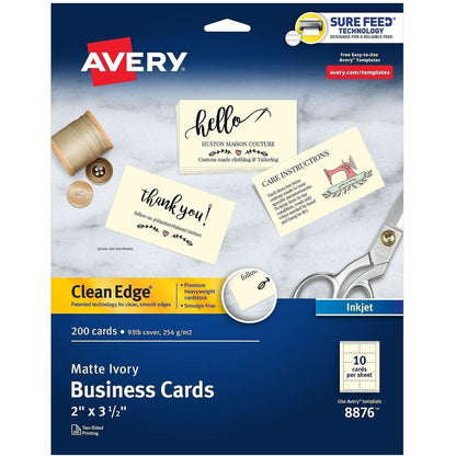 Avery® Clean Edge Business Cards, 2" x 3.5" , Ivory, 200 (08876) - 90 Brightness - 2" x 3 1/2" - 93 lb Basis Weight - 25