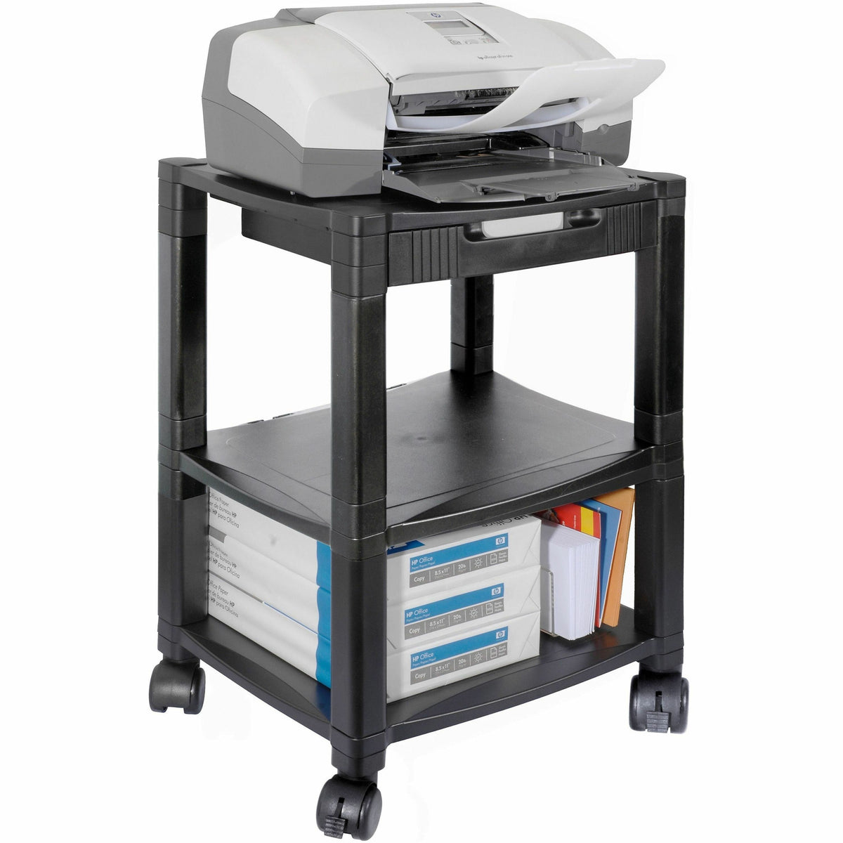 Kantek 3-Shelf Mobile Height-Adjustable Printer/Fax Stand with Organizing Drawer - 75 lb Load Capacity - 3 x Shelf(ves) 