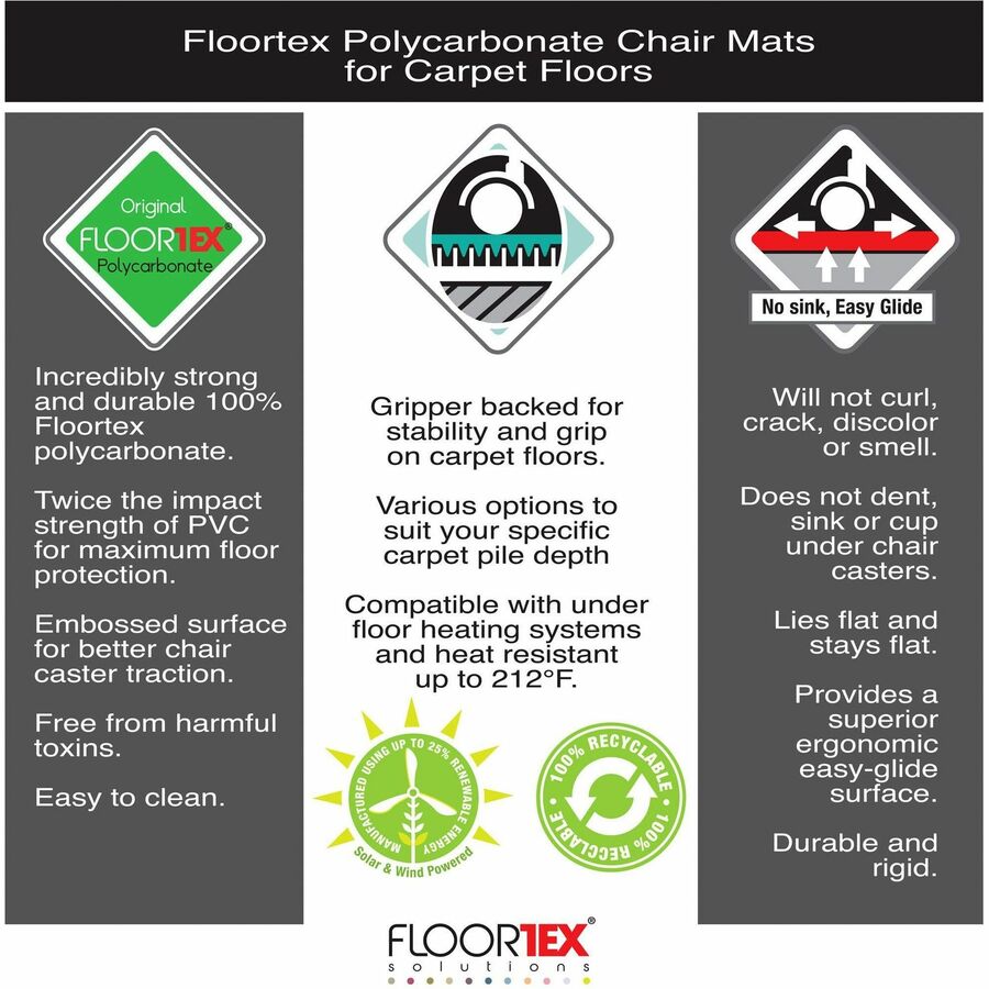 Floortex Polycarbonate Rectangular Chair Mat for Carpets over 1/2" - 35" x 47" - Carpeted Floor, Floor, Home, Office, Ca
