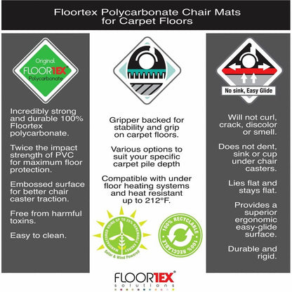 Floortex Polycarbonate Rectangular Chair Mat for Carpets over 1/2" - 35" x 47" - Carpeted Floor, Floor, Home, Office, Ca