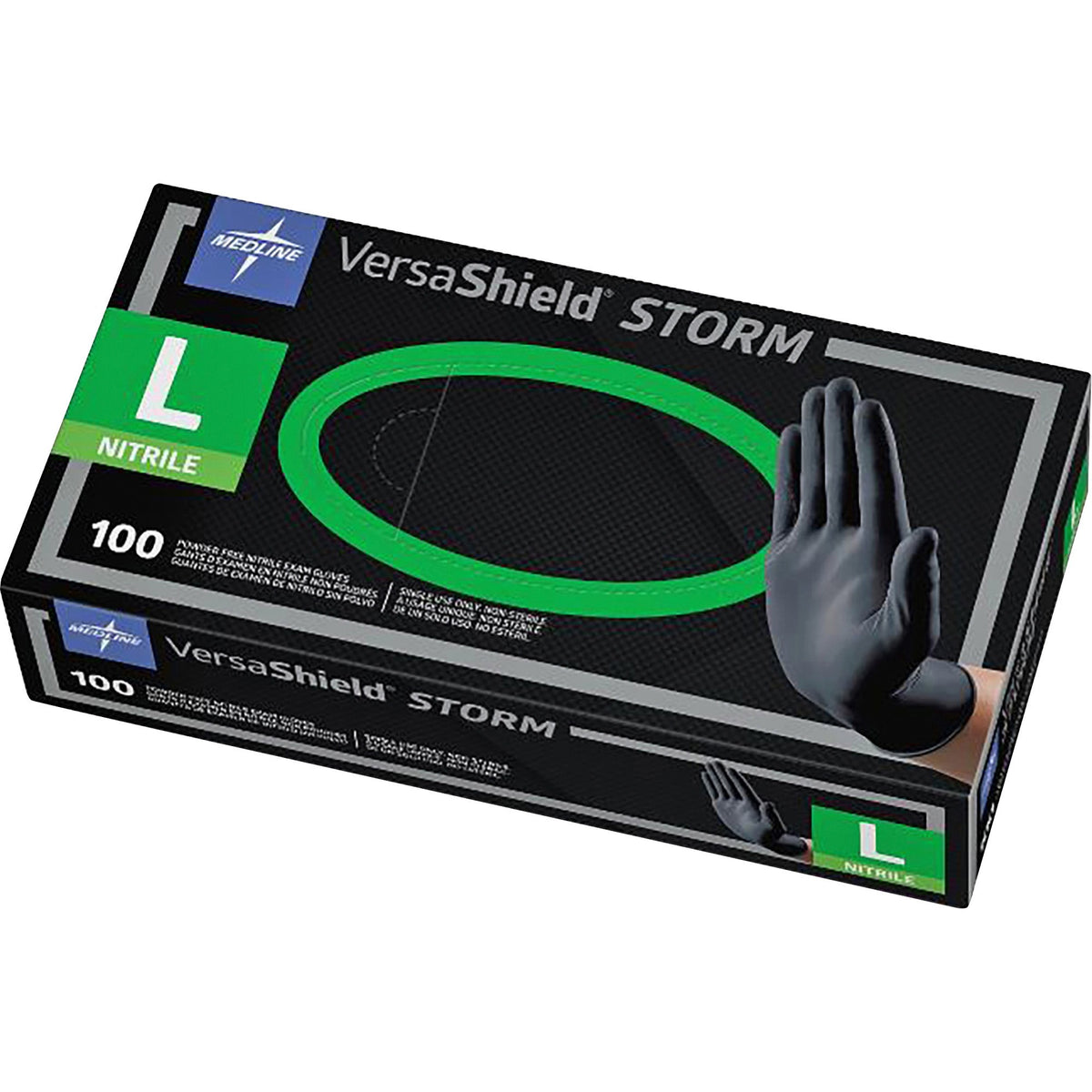 Medline VersaShield STORM Nonsterile Nitrile Gloves - Large Size - Black - Textured, Latex-free - For Healthcare Working
