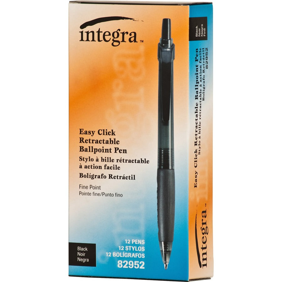 Integra 82952 Retractable Ballpoint Pens - Fine Pen Point - Retractable - Black Ink - Black, Transparent Barrel - 1 Doze