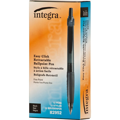 Integra 82952 Retractable Ballpoint Pens - Fine Pen Point - Retractable - Black Ink - Black, Transparent Barrel - 1 Doze