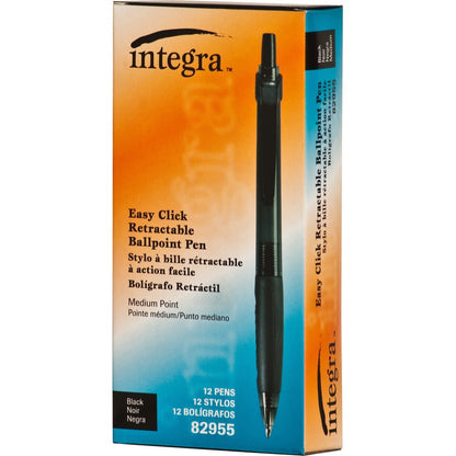 Integra Easy Click Retractable Ballpoint Pen - Medium Pen Point - Retractable - Black Ink - Black Barrel - 12 / Dozen