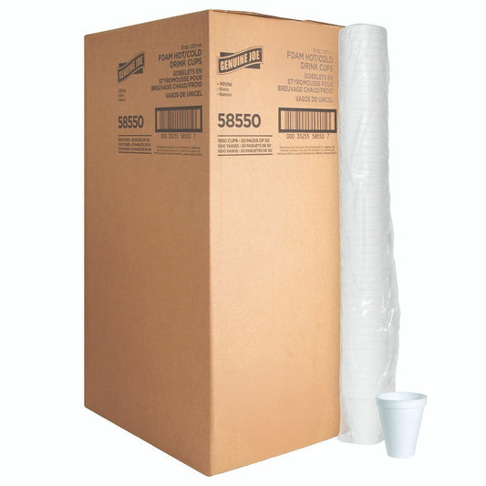 Genuine Joe 8 oz Hot/Cold Foam Cups - 8 fl oz - White - Foam - Hot Drink, Cold Drink - 50/Pack - 20 / Carton