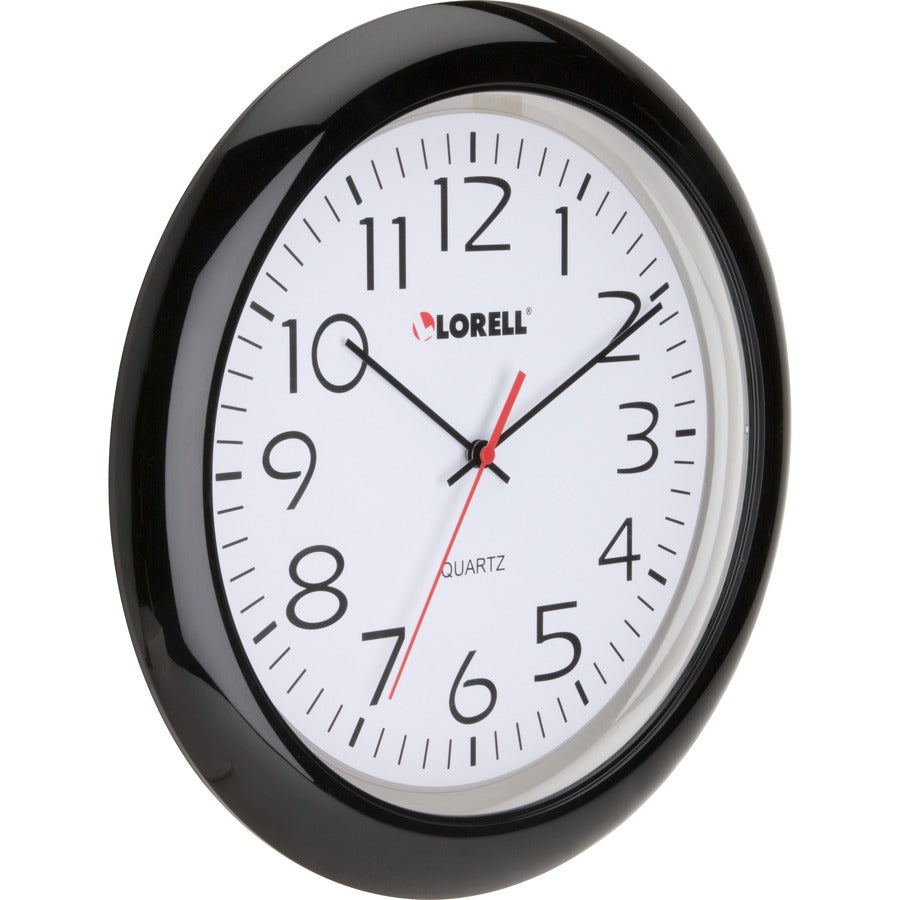 Lorell 13-1/4" Round Wall Clock - Analog - Quartz - White Main Dial - Black Case - Plastic - 1 Each