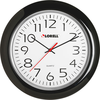 Lorell 13-1/4" Round Wall Clock - Analog - Quartz - White Main Dial - Black Case - Plastic - 1 Each