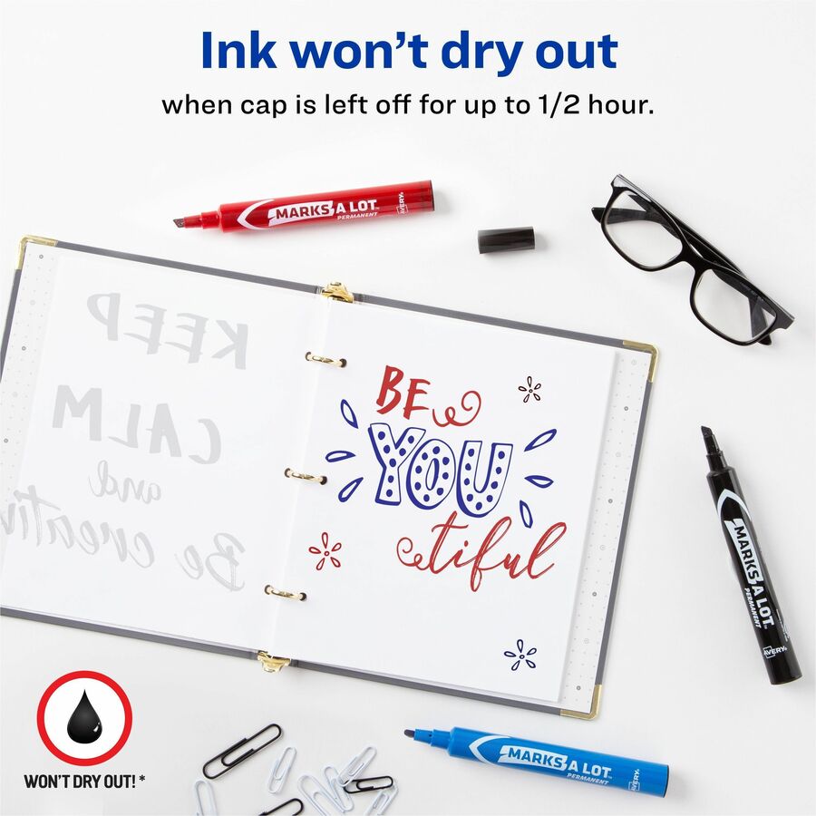 Avery® Marks A Lot Permanent Markers, Regular Desk-Style, Asstd, 4/PK - Black, Blue, Red Ink - Black, Blue, Red Barrel -