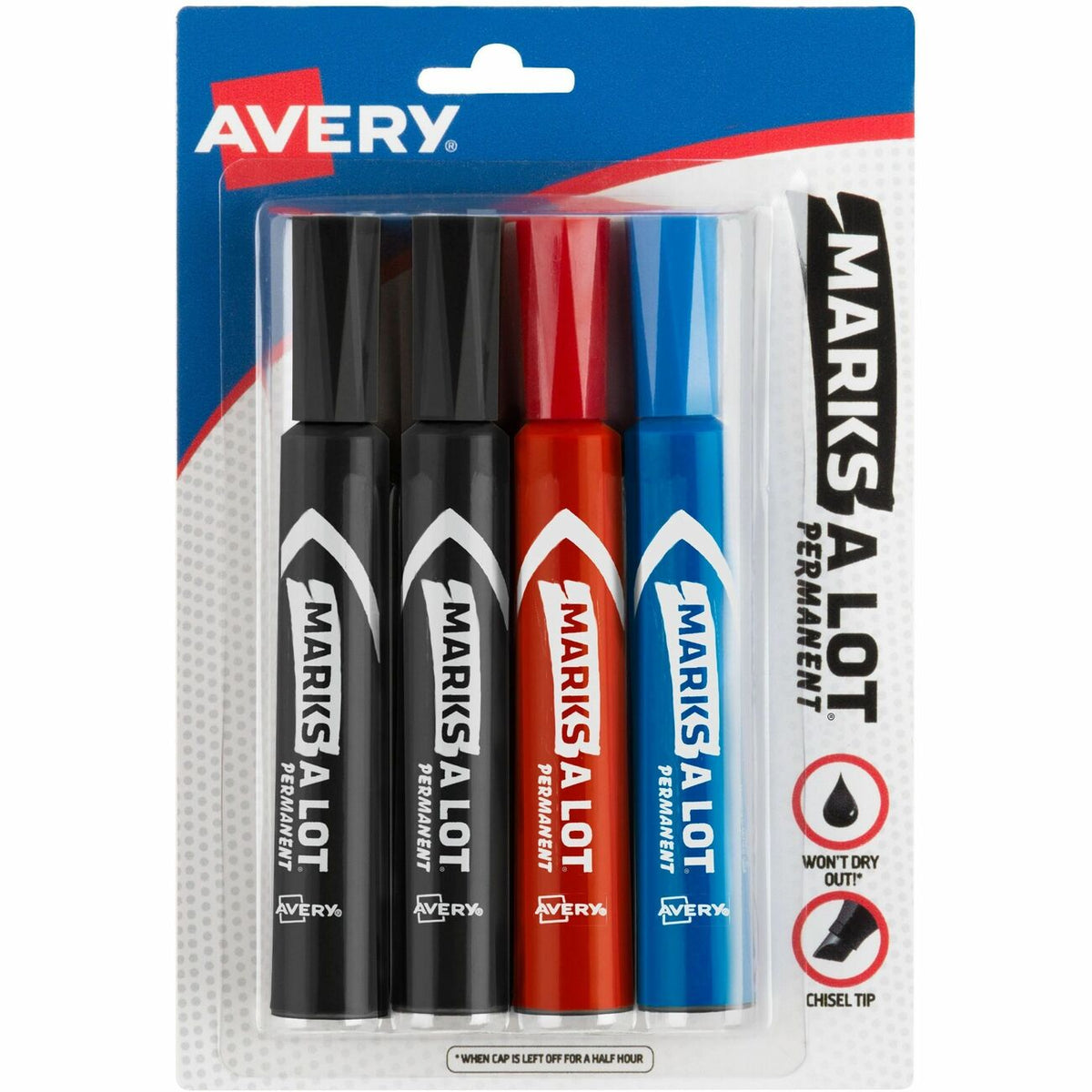 Avery® Marks A Lot Permanent Markers, Regular Desk-Style, Asstd, 4/PK - Black, Blue, Red Ink - Black, Blue, Red Barrel -
