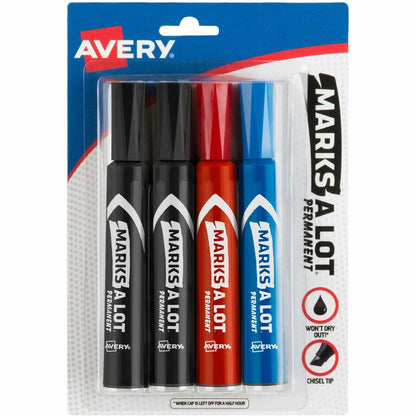 Avery® Marks A Lot Permanent Markers, Regular Desk-Style, Asstd, 4/PK - Black, Blue, Red Ink - Black, Blue, Red Barrel -