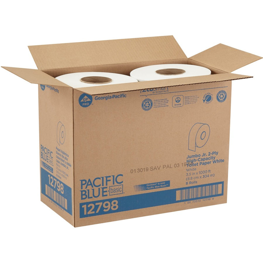 Pacific Blue Basic Jumbo Jr. High-Capacity Toilet Paper - 2 Ply - 3.50" Width x 1000 ft Length - White - Fiber - 8 / Car