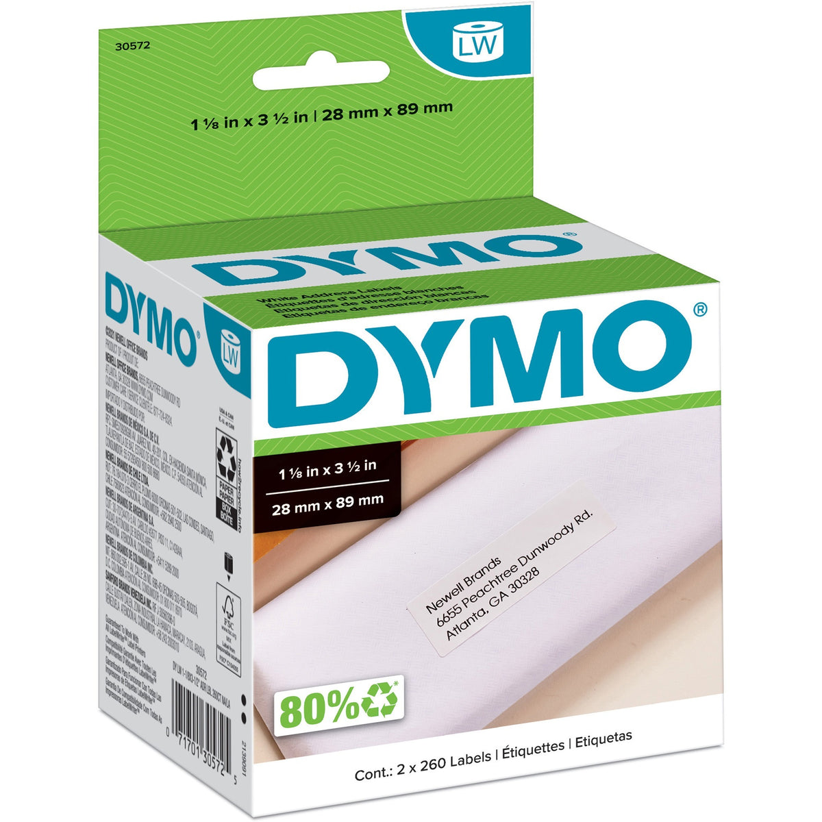 Dymo LabelWriters Continuous Roll Address Labels - 1 1/8" Width x 3 1/2" Length - White - 260 / Roll - 1 Box