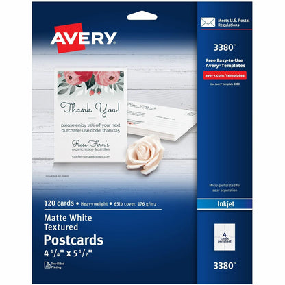 Avery® Postcards, 4.25" x 5.5" , Matte, Laser & Inkjet, 120ct (3380) - 90 Brightness - 4 1/4" x 5 1/2" - 65 lb Basis Wei