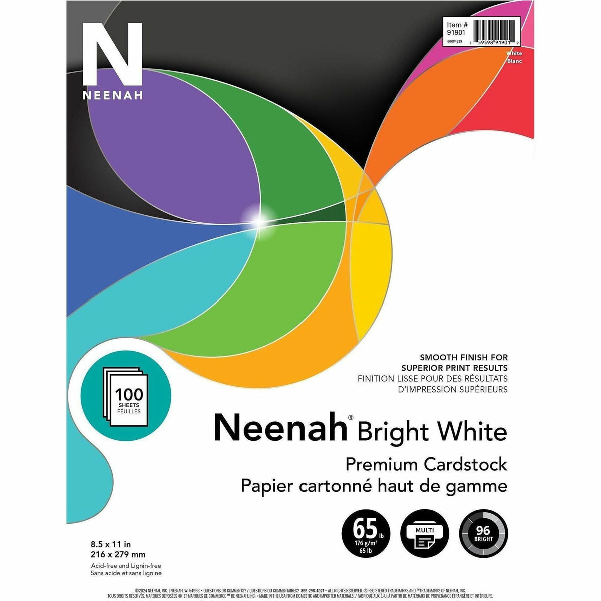 Neenah Bright White Cardstock - Letter - 8 1/2" x 11" - 65 lb Basis Weight - Smooth - Acid-free, Lignin-free - Bright Wh