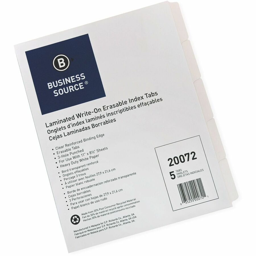 Business Source 3-Ring 5-Tab Erasable Tab Indexes - 5 Write-on Tab(s) - 2" Tab Width - 8.5" Divider Width x 11" Divider 