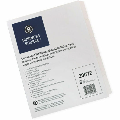 Business Source 3-Ring 5-Tab Erasable Tab Indexes - 5 Write-on Tab(s) - 2" Tab Width - 8.5" Divider Width x 11" Divider 