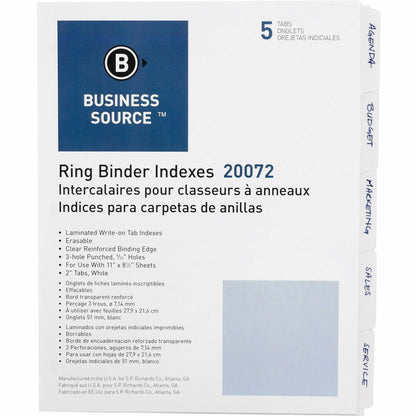 Business Source 3-Ring 5-Tab Erasable Tab Indexes - 5 Write-on Tab(s) - 2" Tab Width - 8.5" Divider Width x 11" Divider 