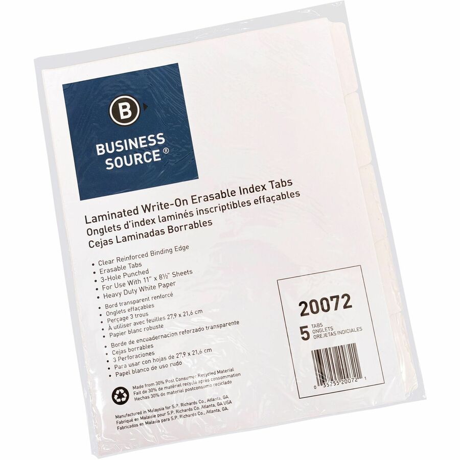 Business Source 3-Ring 5-Tab Erasable Tab Indexes - 5 Write-on Tab(s) - 2" Tab Width - 8.5" Divider Width x 11" Divider 
