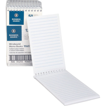 Business Source Wirebound Memo Books - 50 Sheet(s) - Wire Bound - 5" x 3" Sheet Size - White - White Sheet(s) - 12 / Doz