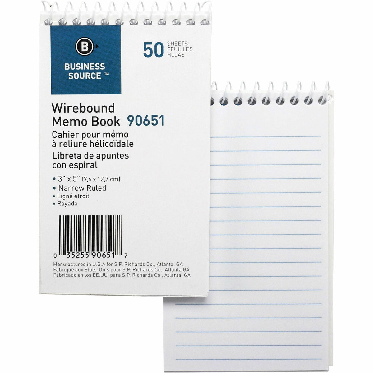 Business Source Wirebound Memo Books - 50 Sheet(s) - Wire Bound - 5" x 3" Sheet Size - White - White Sheet(s) - 12 / Doz
