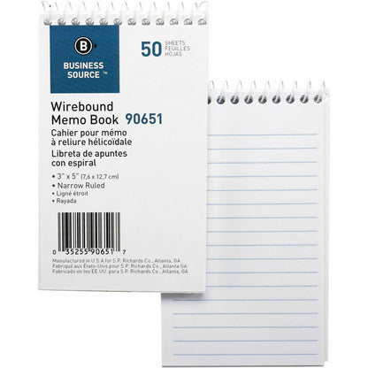 Business Source Wirebound Memo Books - 50 Sheet(s) - Wire Bound - 5" x 3" Sheet Size - White - White Sheet(s) - 12 / Doz