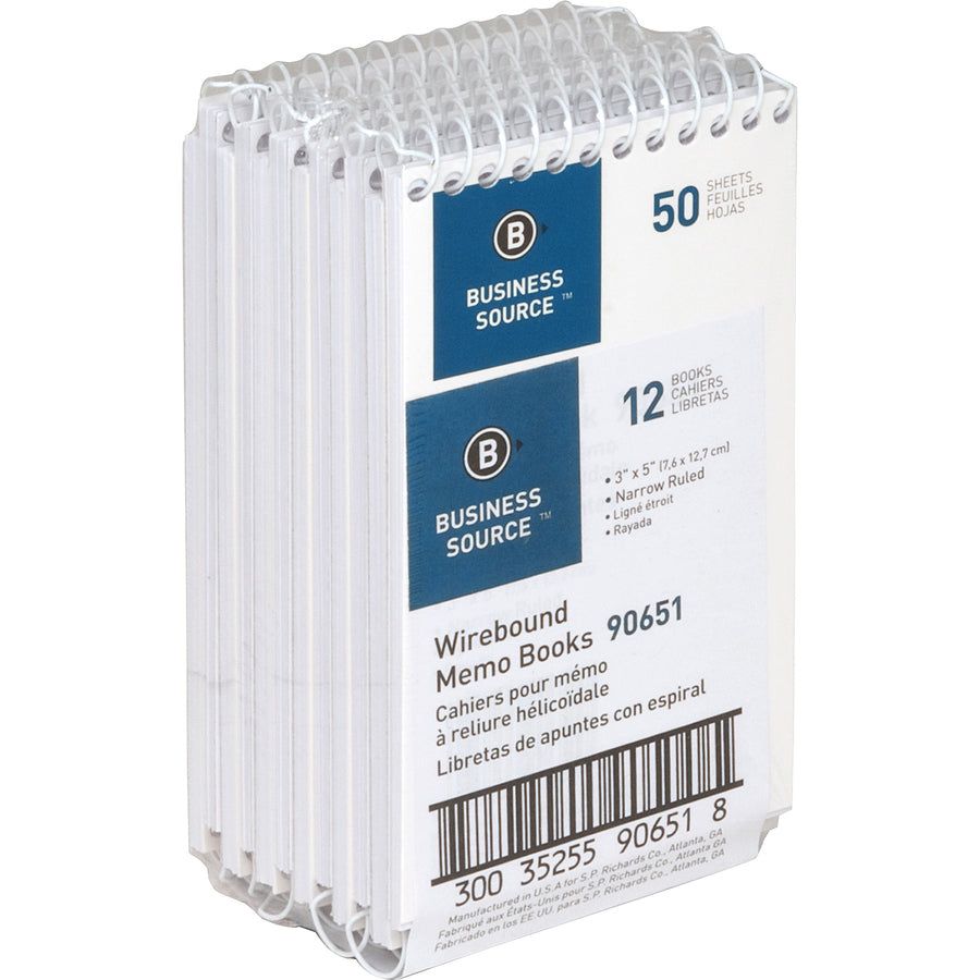 Business Source Wirebound Memo Books - 50 Sheet(s) - Wire Bound - 5" x 3" Sheet Size - White - White Sheet(s) - 12 / Doz
