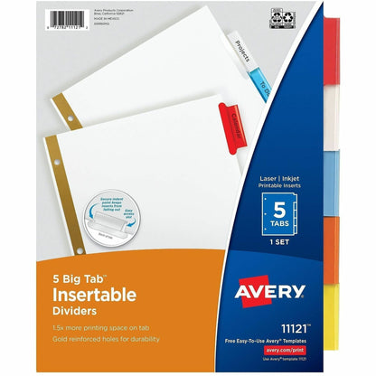 Avery 5-Tab Binder Dividers, Insertable Multicolor Big Tabs, 1 Set (11121) - 5 x Divider(s) - 5 Tab(s) - Digit - 5 - 5 T