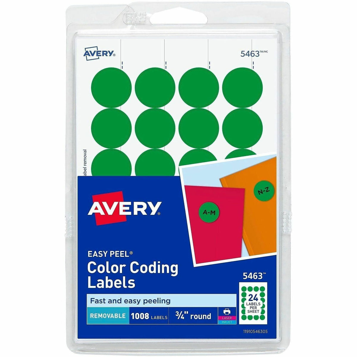 Avery® Color-Coding Labels - 3/4" Diameter - Removable Adhesive - Round - Laser, Inkjet - Matte - Green - Paper - 24 / S